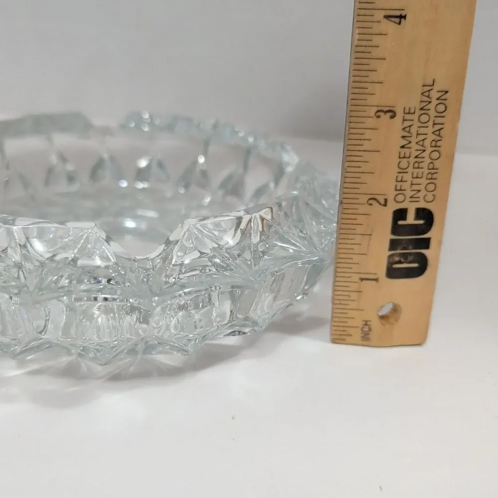 ​Vintage Clear Crystal Ashtray Heavy Diamond Cut Pattern Round Mid Century